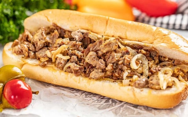 authentic Philly cheesesteak on a homemade hoagie roll