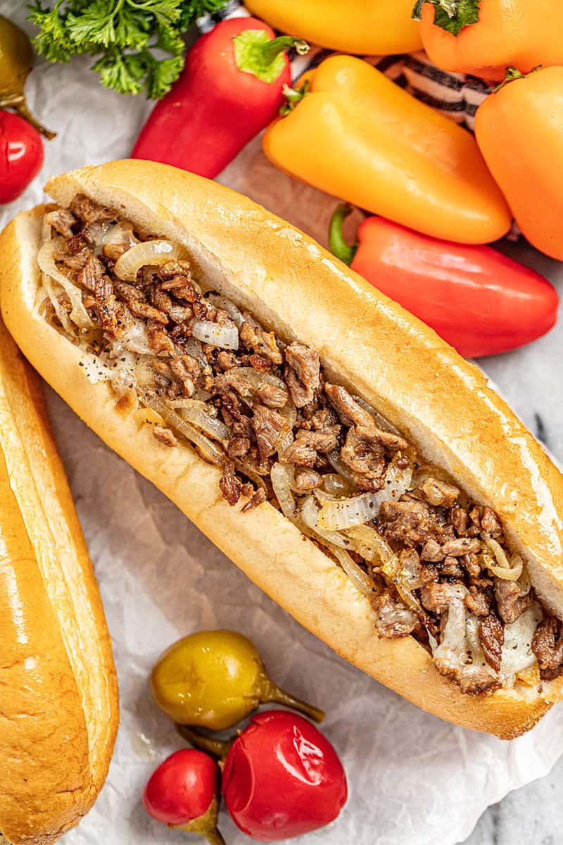 overhead view of a Philly cheesesteak sandwich