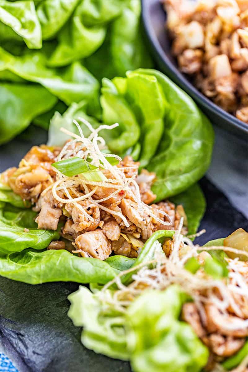 Close up view of chicken lettuce wraps.