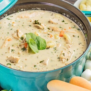 A blue stockpot filled with chicken gnocchi soup.