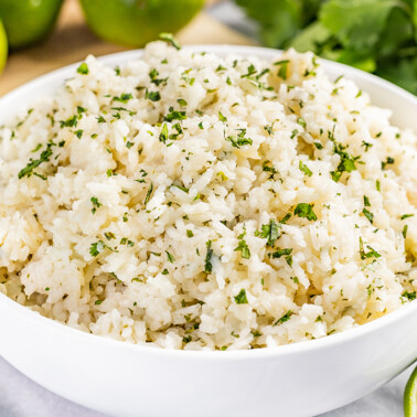 A large bowl filled with cilantro lime rice pilaf.