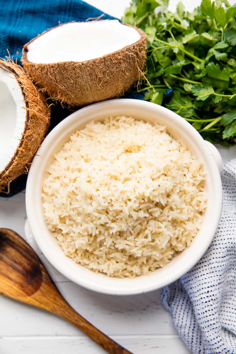 Coconut Rice in a white bowl.