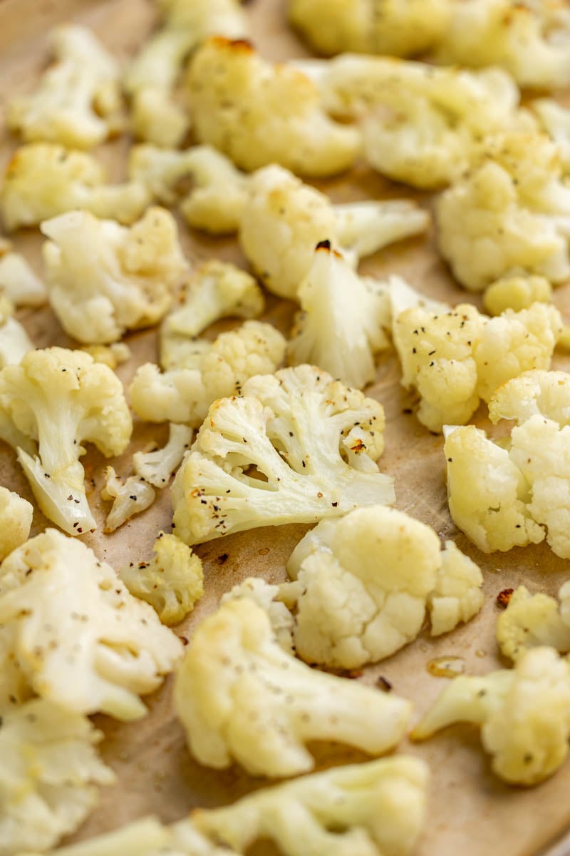 Close up view of cauliflower roasted from frozen.