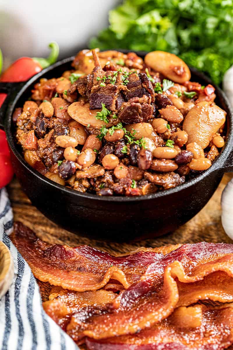 A small bowl of country style baked beans.