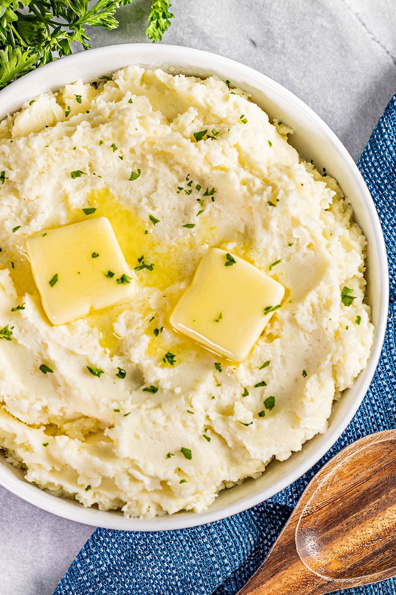 Overhead view of creamy mashed potatoes.