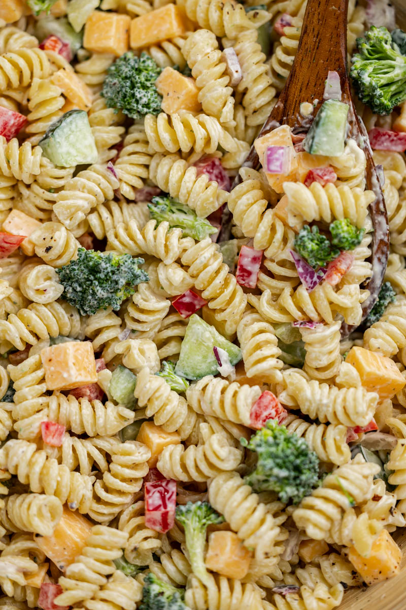Extreme close up view of creamy ranch pasta salad.