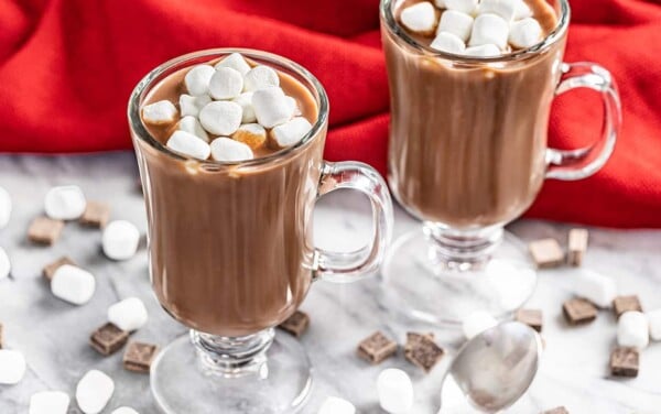 Close up view of two mugs filled with decadently thick Italian Hot Chocolate