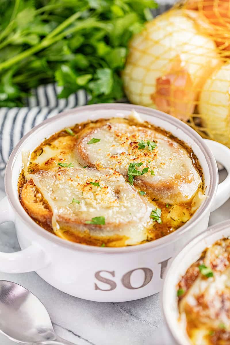 French onion soup in a soup bowl.