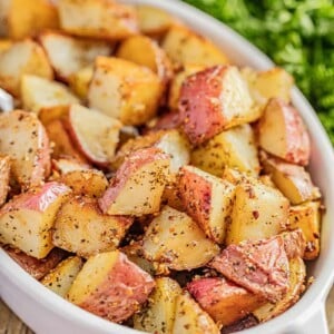 Roasted potatoes in a baking dish.