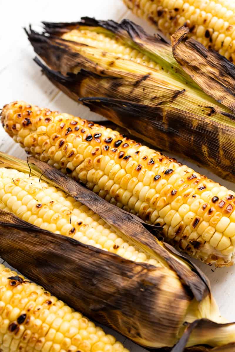 Grilled Corn on the cob on a countertop.