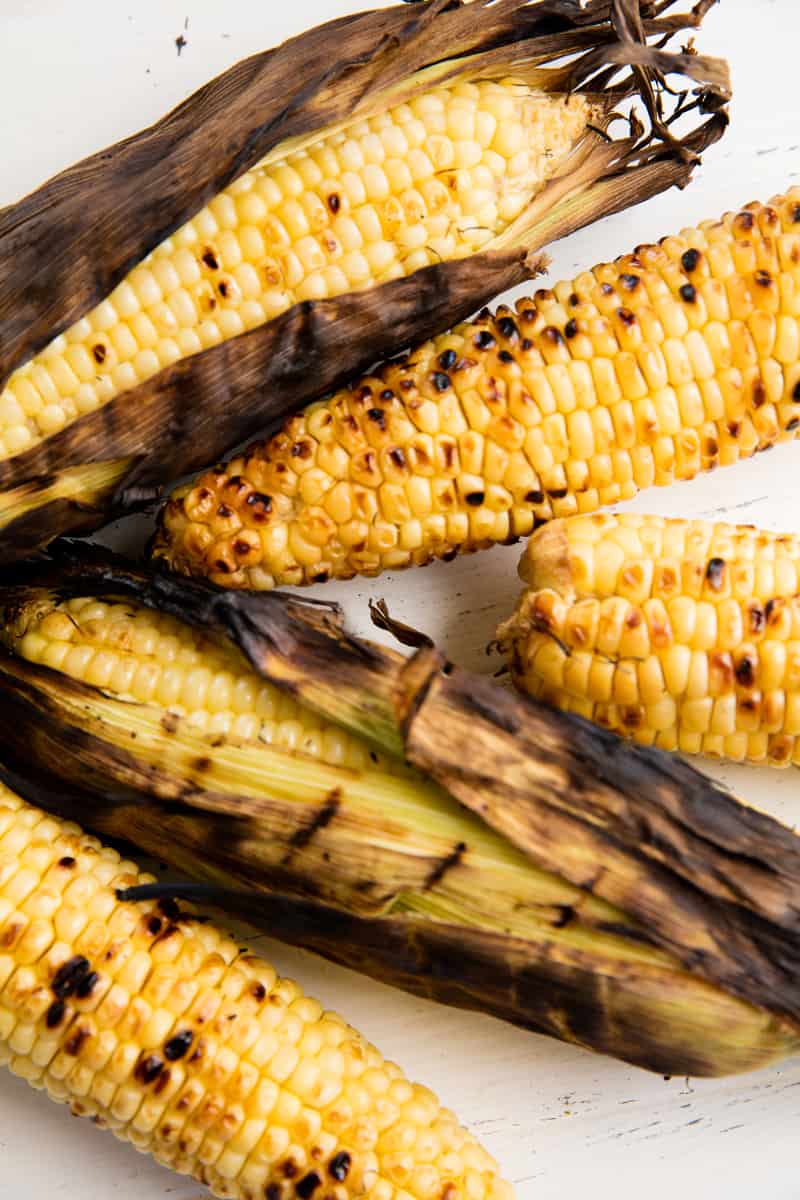 Bird's eye view of five cobs of Grilled Corn