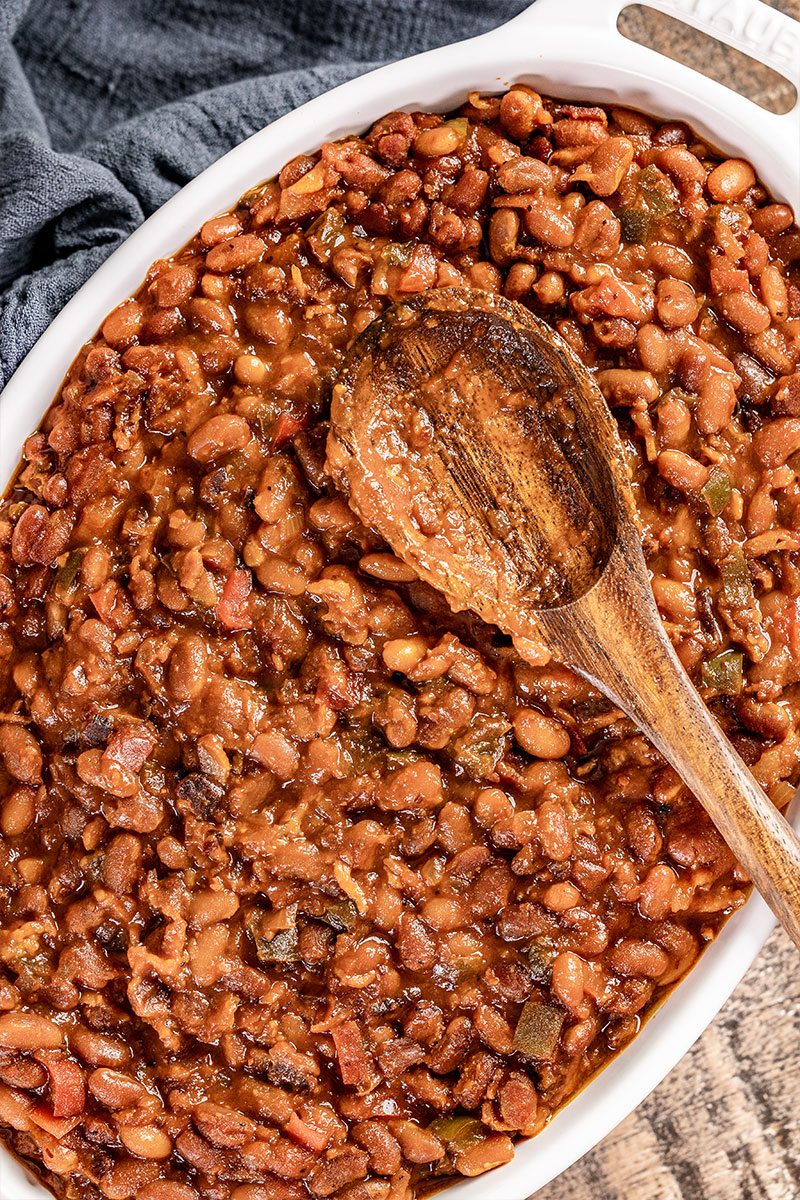 Overhead view of a baking dish filled with baked beans.
