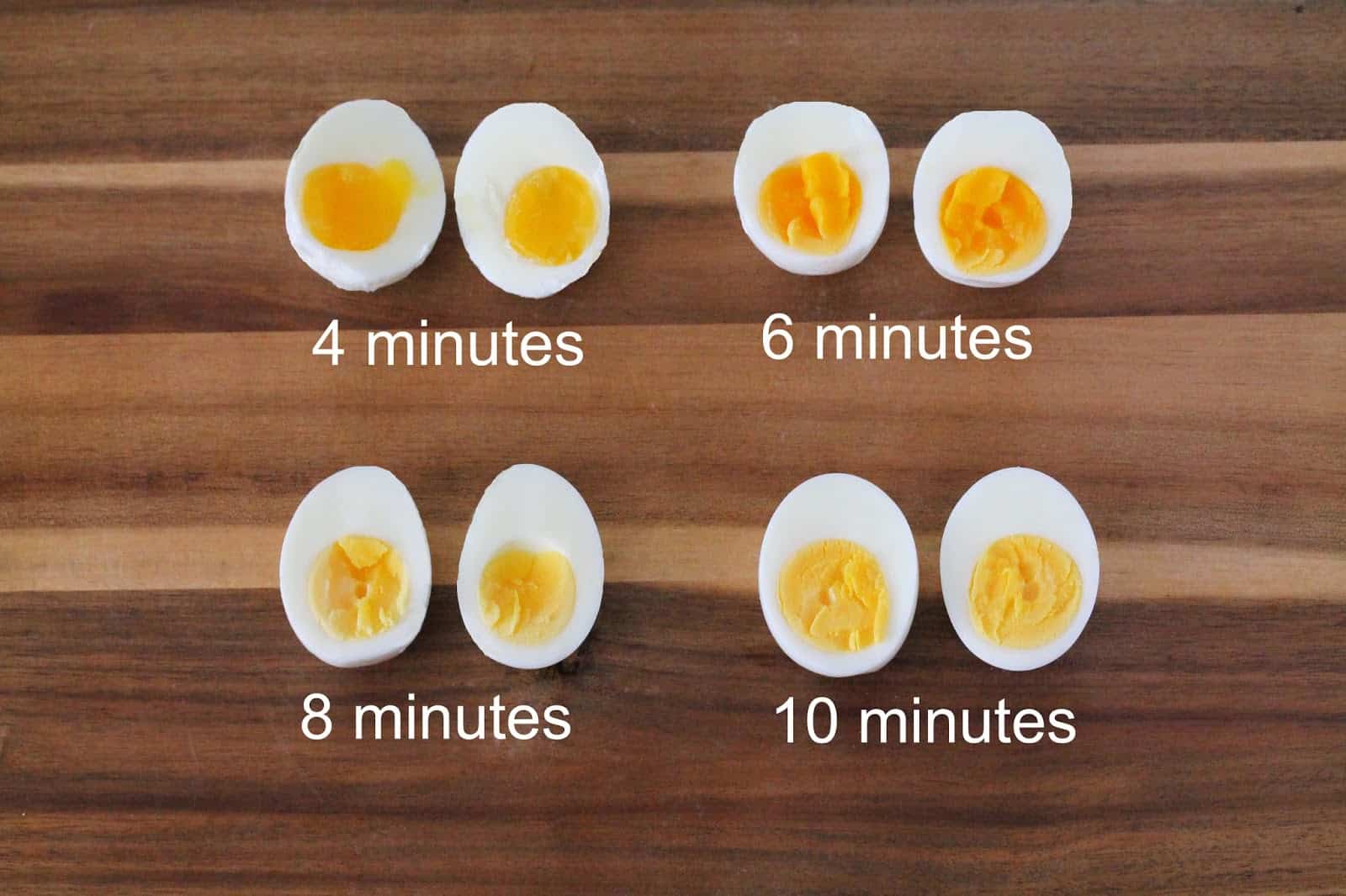 Hard Boiled Eggs at 4 minutes, 6 minutes, 8 minutes, and 10 minutes
