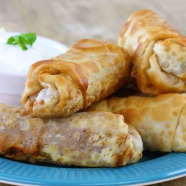 Mexican Eggrolls on a blue plate.