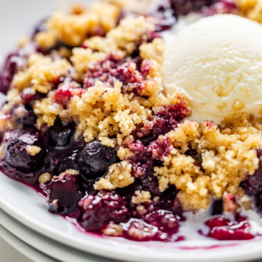 Close up view of mixed berry crumble.