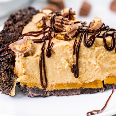 Close up view of a slice of peanut butter pie.