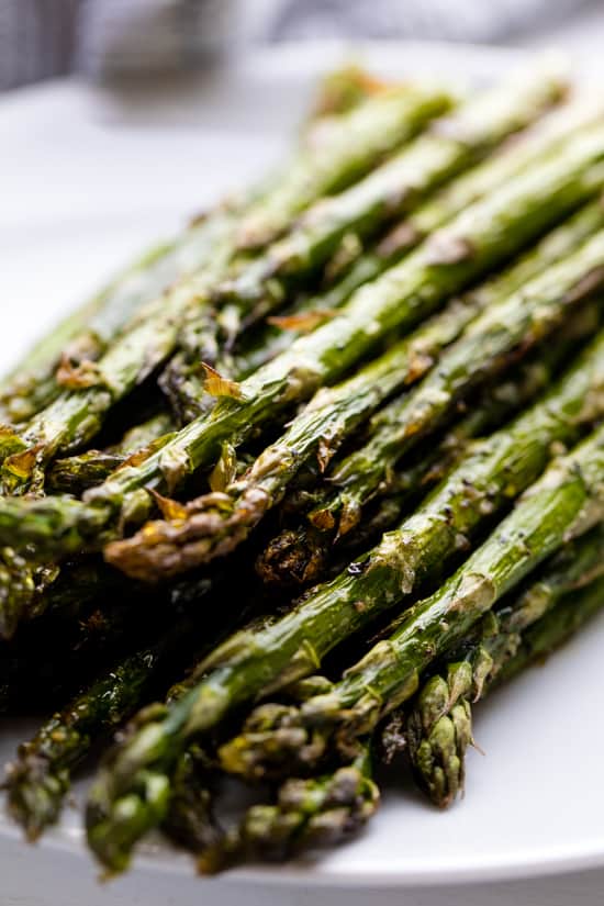 A stack of roasted asparagus