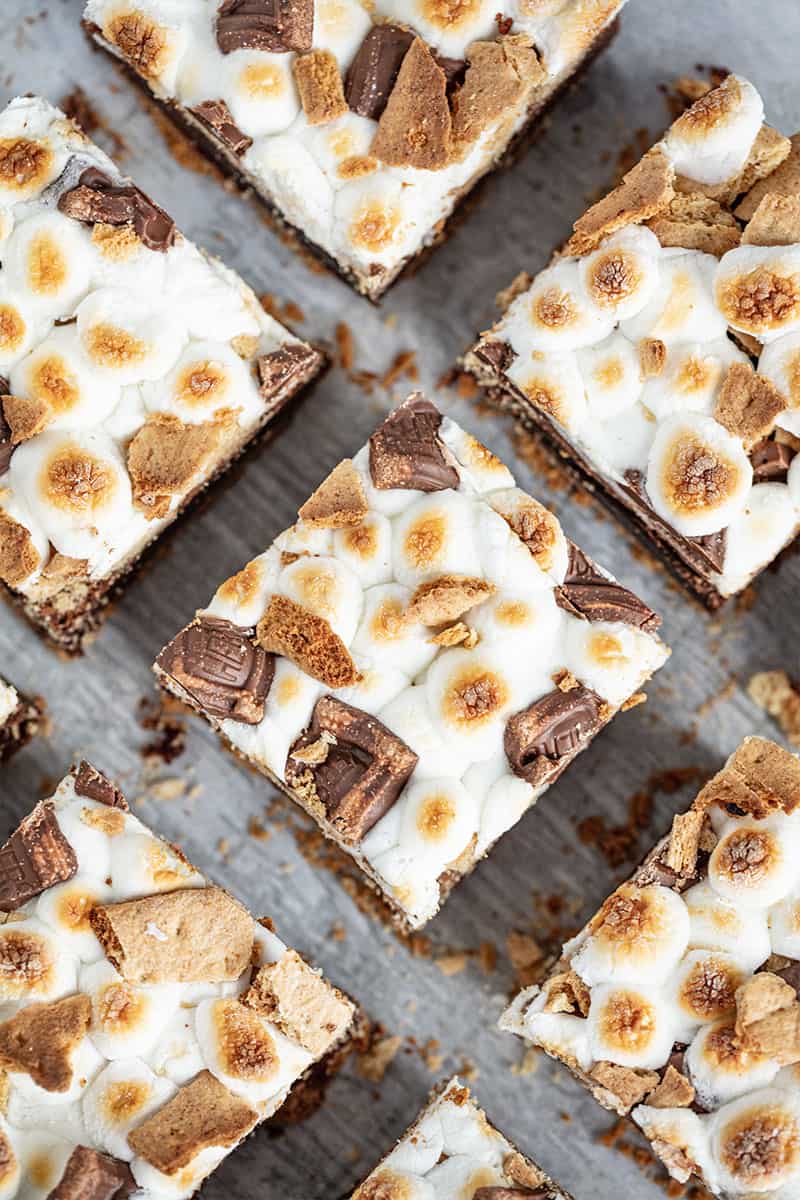 Bird's eye view of S'mores Brownies cut into squares.