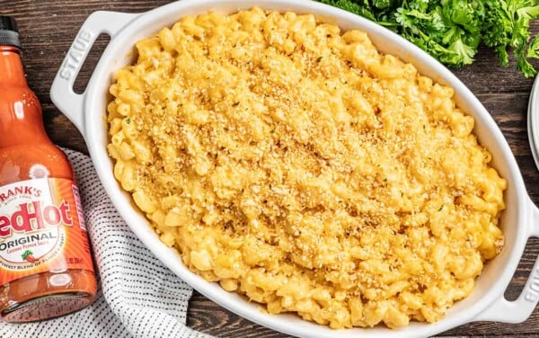 A baking dish filled with macaroni and cheese.