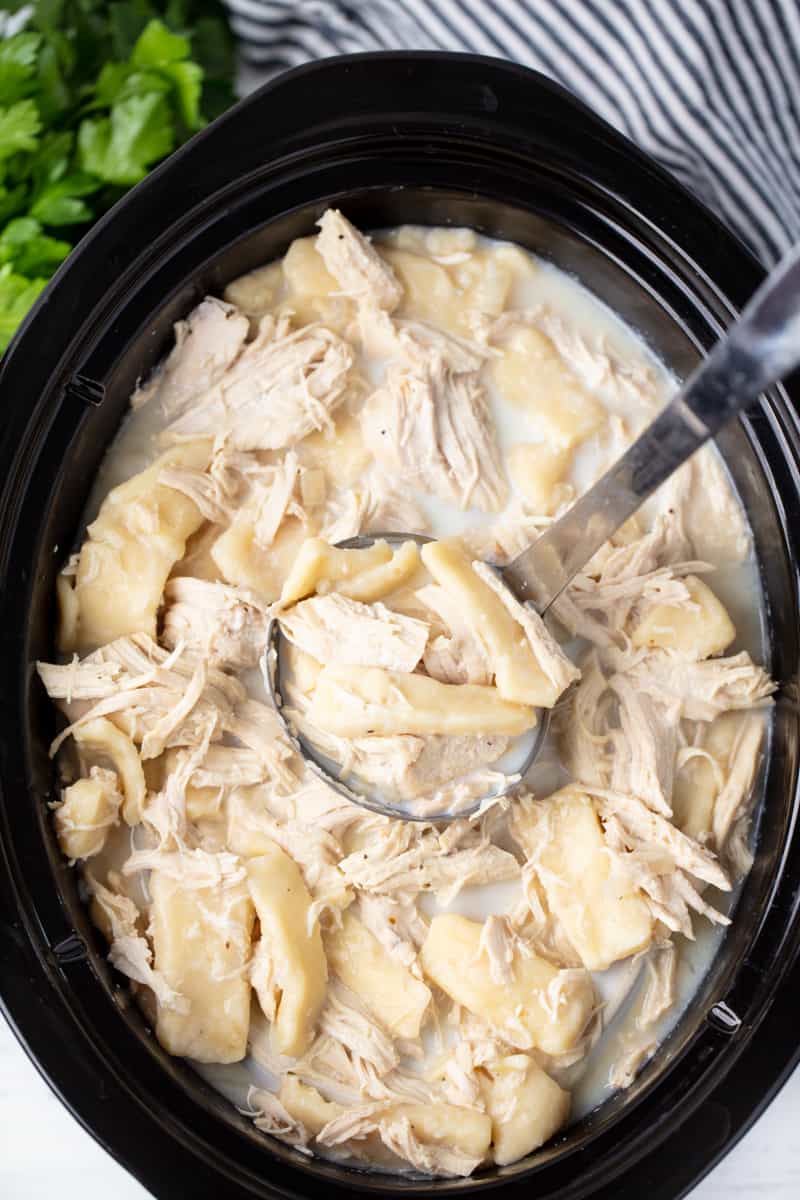 Bird's eye view of a ladle full of Chicken and Dumplings in a slow cooker.