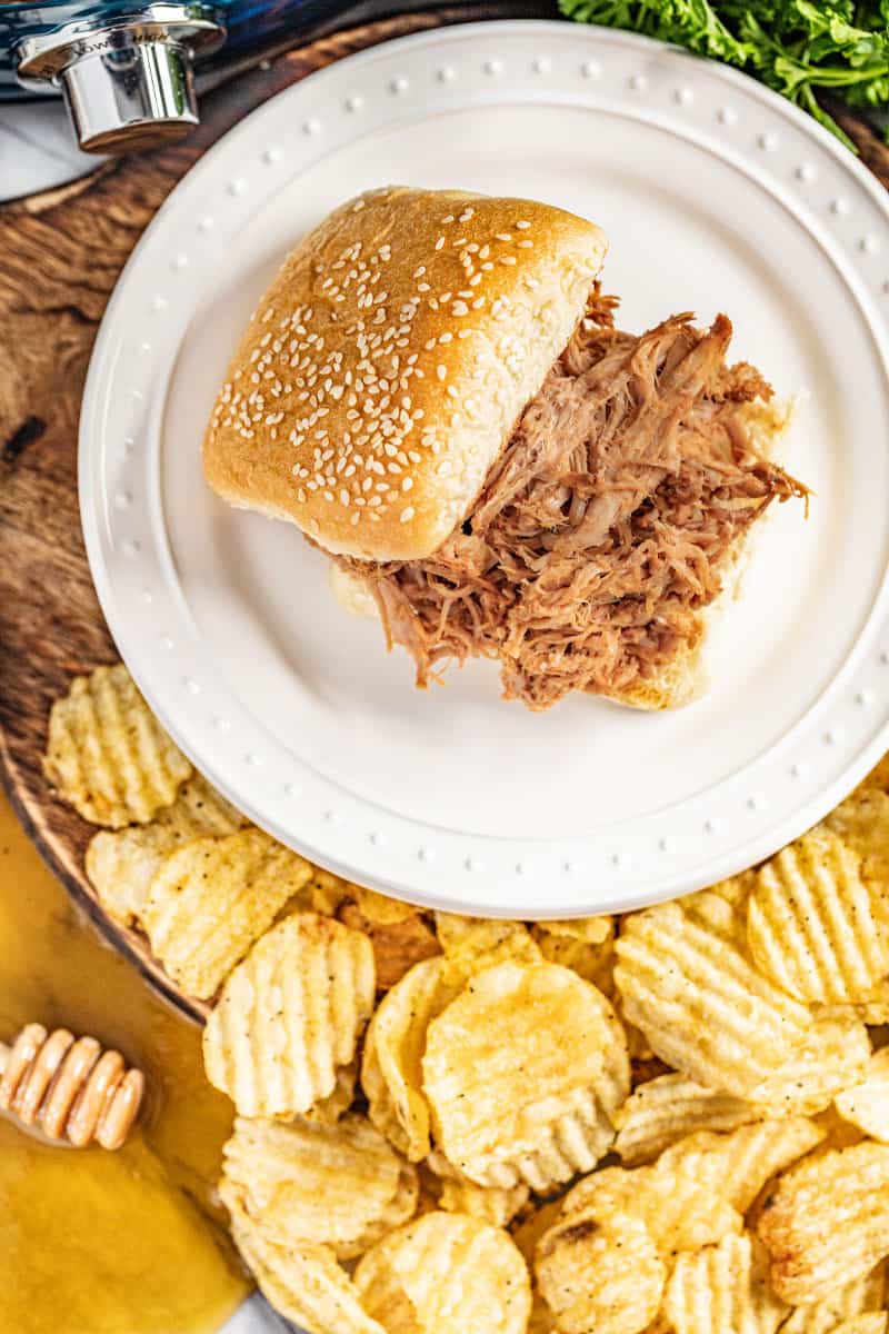 Overhead view of a pulled pork sandwich.