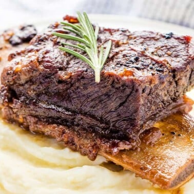 Close up of Beef Short Ribs on mashed potatoes.