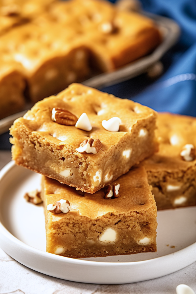 3 blondies with white chocolate chips and chopped pecans stacked on a plate.