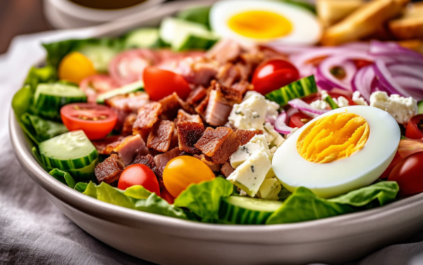 Close up view of Chef Salad in a large white bowl with egg, bacon, cucumber, cheese, and tomato.