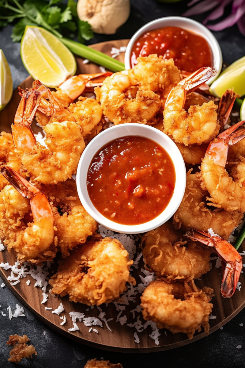 Overhead view of coconut shrimp on a wooden platter with a bowl of sweet chili sauce in the middle for dipping.