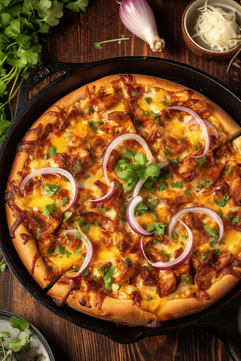 Deep Dish BBQ Chicken Pizza in a cast iron pan.