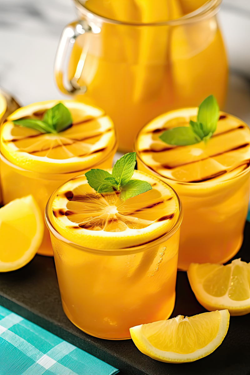 3 small glasses of grilled lemonade topped with grilled lemon slices.