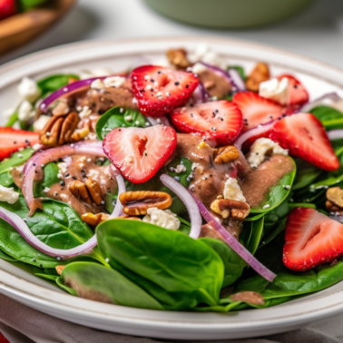Strawberry Spinach Salad with Poppyseed dressing drizzled over the top.